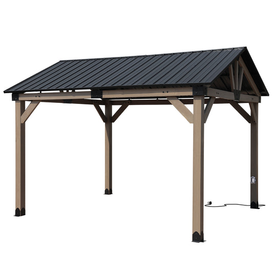10'x12' Outdoor Patio Wooden Frame Gazebo with Galvanized Metal Hardtop Roof and Outlets - Aoodor