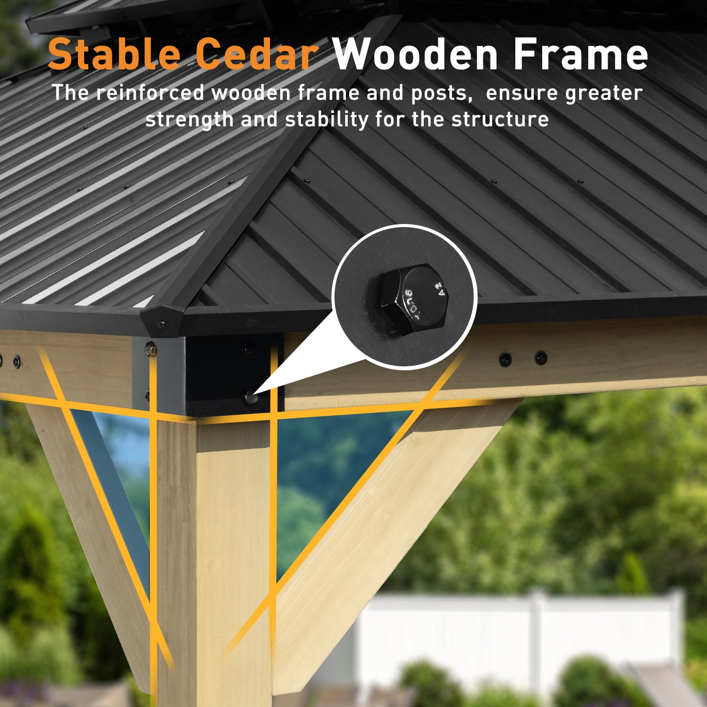 10'x12' Outdoor Patio Wooden Frame Gazebo with 2-Tier Galvanized Metal Hardtop Roof and Outlets