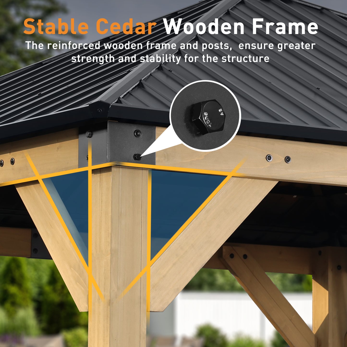10'x10' Outdoor Patio Wooden Frame Gazebo with Galvanized Metal Hardtop Roof and Outlets