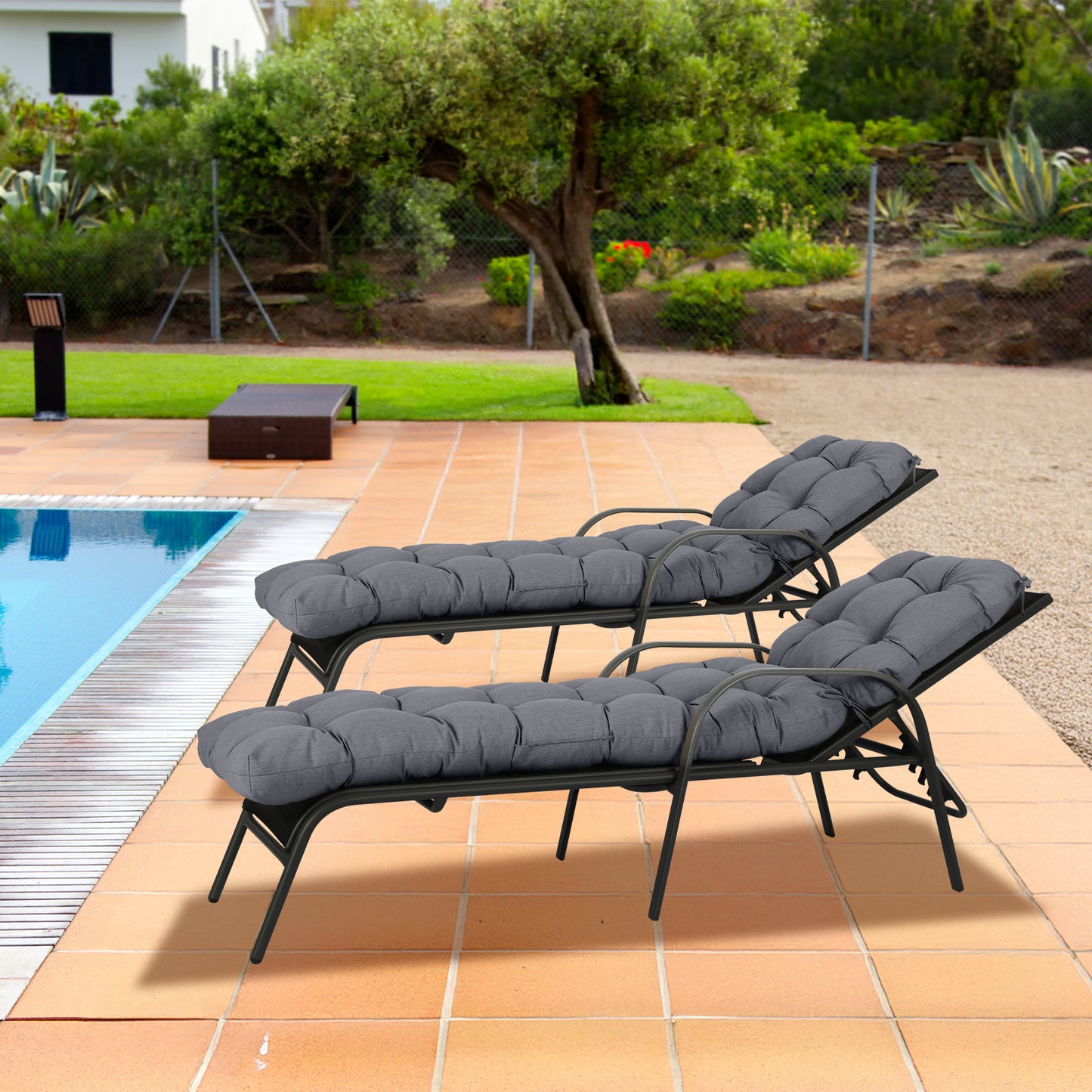 76"x22"x5.1" Polyester Tufted Chaise Lounge Cushion for Outdoor Wicker Chaise Lounge Use, 2 Packs - Dark Gray