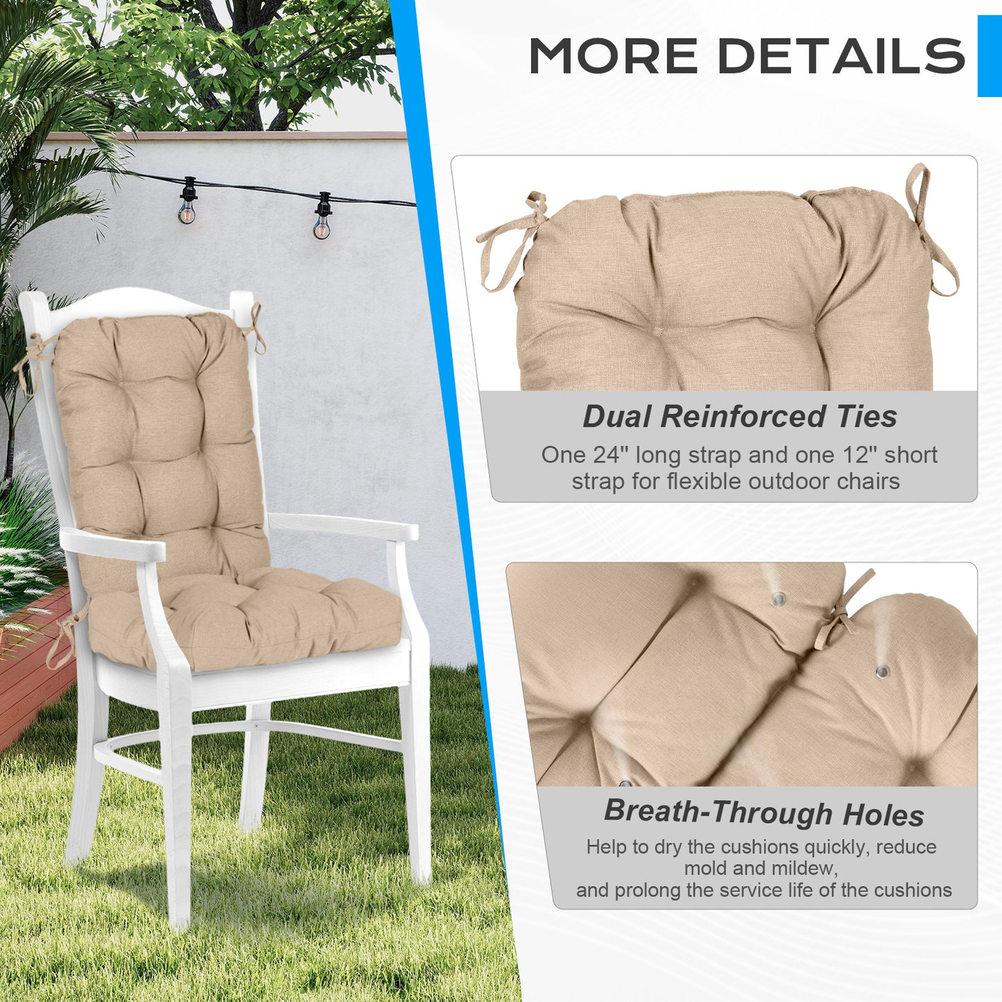 Tufted Outdoor High Back Chair Cushions Patio Replacement Cushion, Khaki