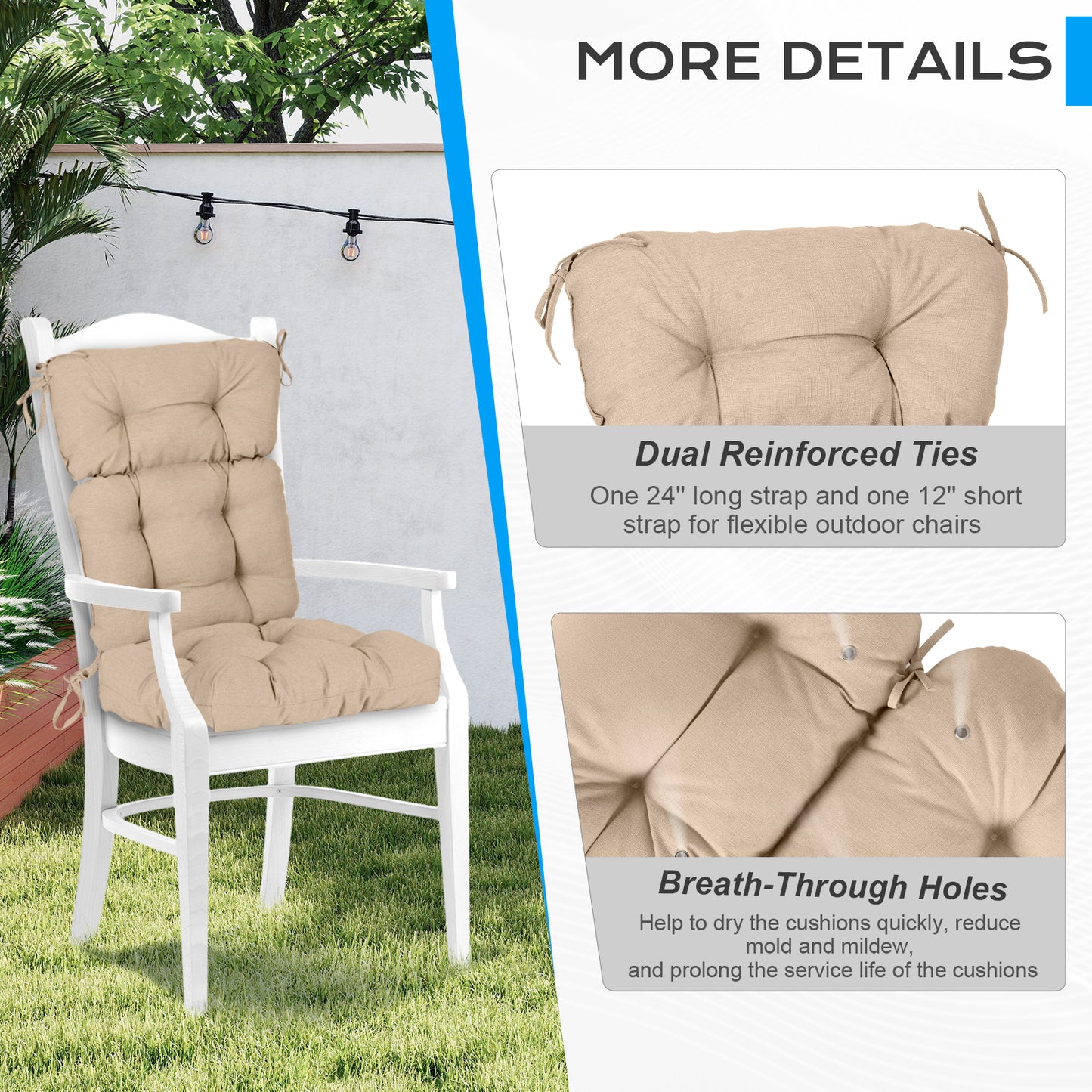 Tufted Outdoor High Back Chair Cushions Patio Rocking Pads for Furniture, Khaki