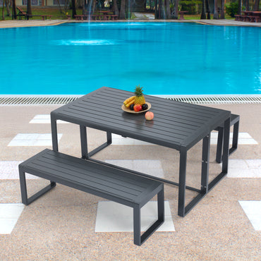 3-Piece Outdoor Patio Aluminum Dining Set with 1 Rectangular Picnic Table and 2 Benches - Aoodor