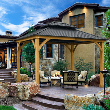10'x12' Outdoor Solid Wood Frame Hardtop Gazebo with 2-Tier Metal Roof - Aoodor