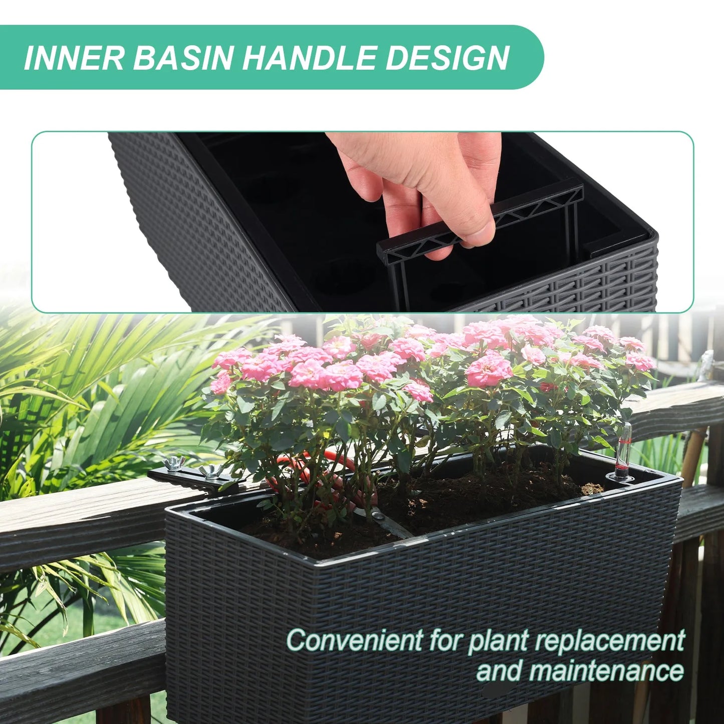 19.5 inch Window Planter Box, Wall Mount/Railing Self-Watering Planter with Adjustable Bracket - Set of 4 Gray Inner Basin Handle Design Aoodor