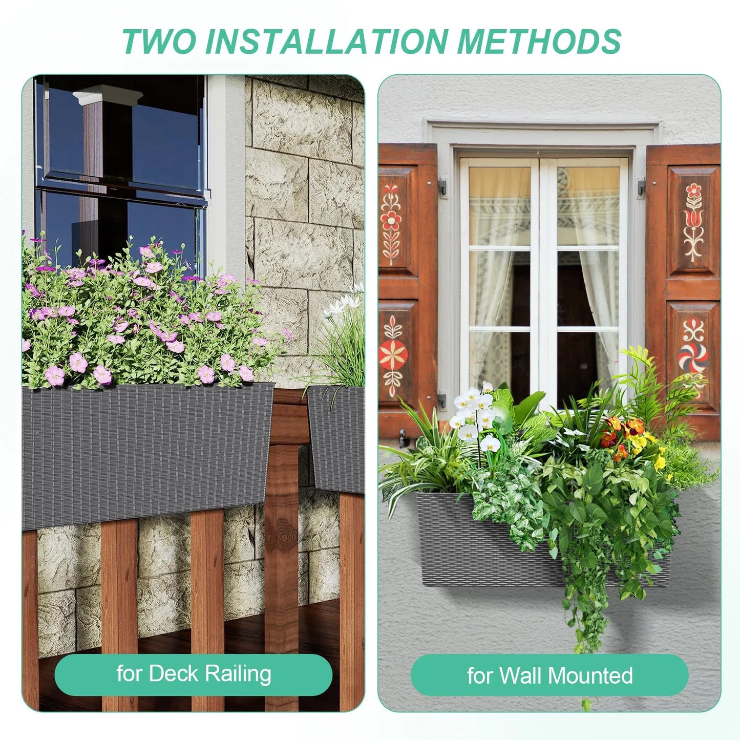 19.5 inch Window Planter Box, Wall Mount/Railing Self-Watering Planter with Adjustable Bracket - Set of 4 Gray Two installation methods Aoodor