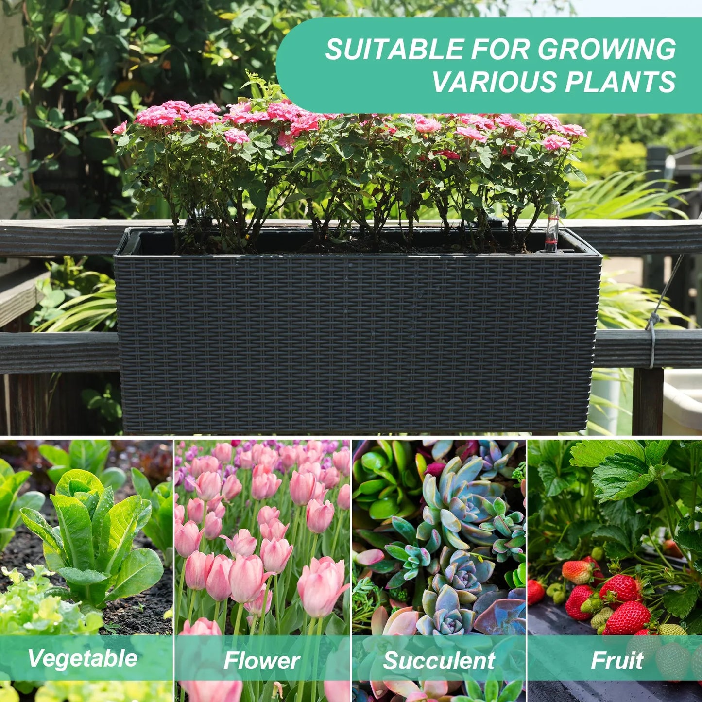 19.5 inch Window Planter Box, Wall Mount/Railing Self-Watering Planter with Adjustable Bracket - Set of 4 Gray Aoodor