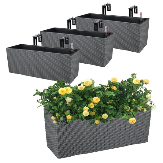 19.5 inch Window Planter Box, Wall Mount/Railing Self-Watering Planter with Adjustable Bracket - Set of 4 - Aoodor