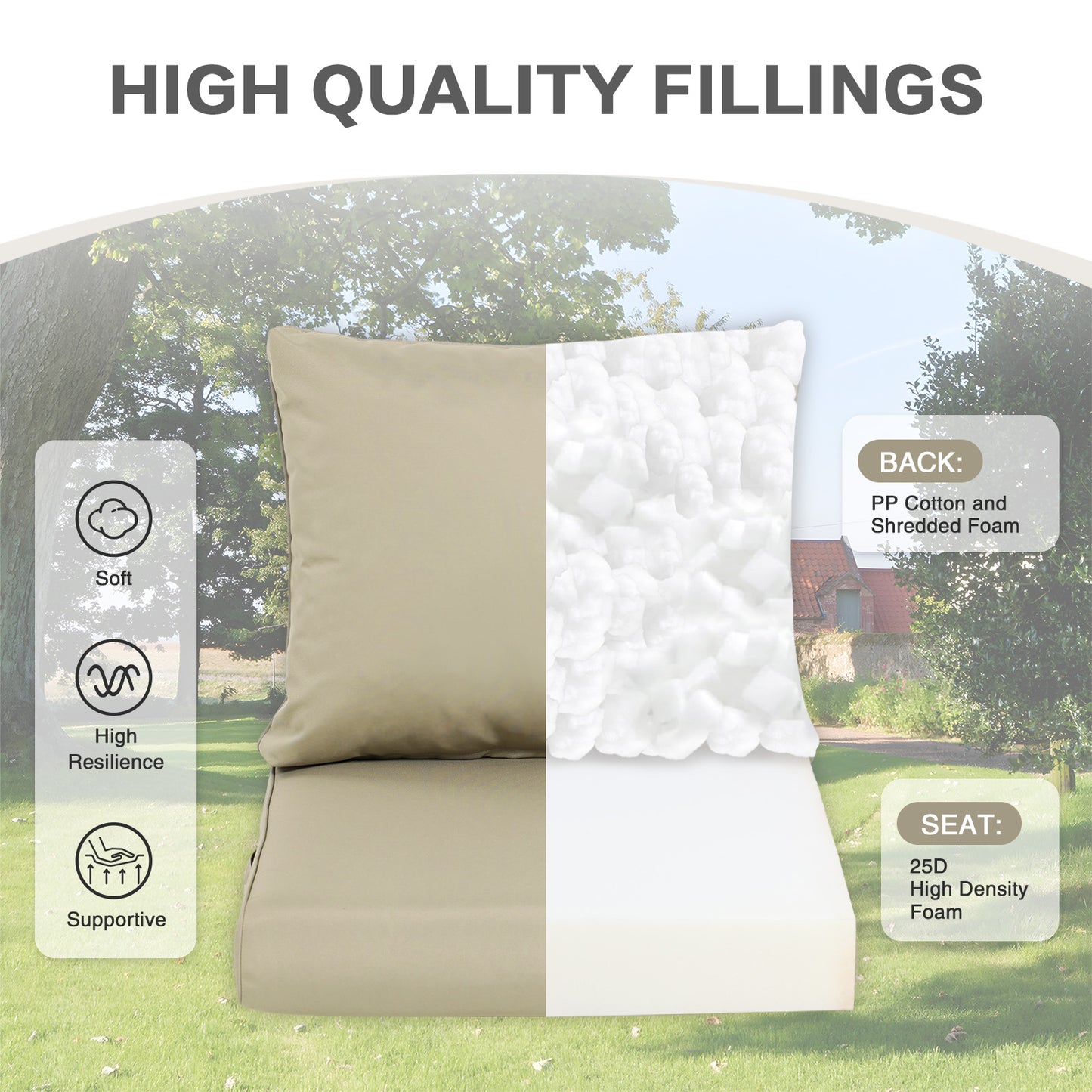 Outdoor Chair Cushions, Patio Deep Seat Cushions with Handle & Adjustable Straps - Khaki
