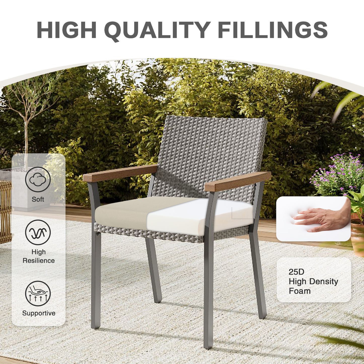 Outdoor Chair Cushion , Removable Cover with Hidden Zipper, Adaptable Secure Ties - Khaki