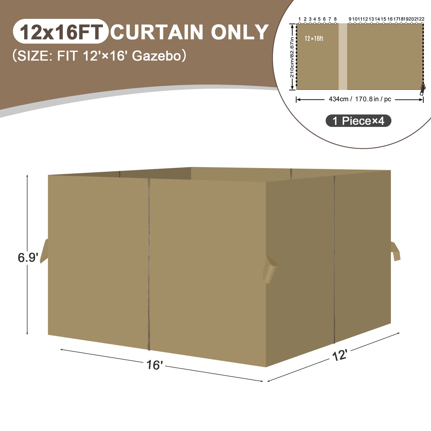 Outdoor Gazebo Curtains, 4 Panels Privacy Sidewall Replacement (Curtain Only) - Khaki - Aoodor