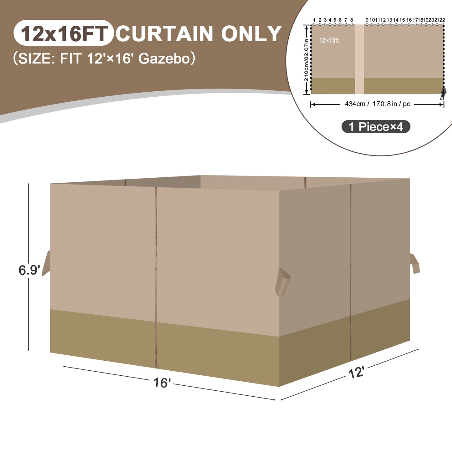Outdoor Gazebo Curtains, 4 Panels Privacy Sidewall Replacement (Curtain Only) - Sand Yellow and Khaki - Aoodor