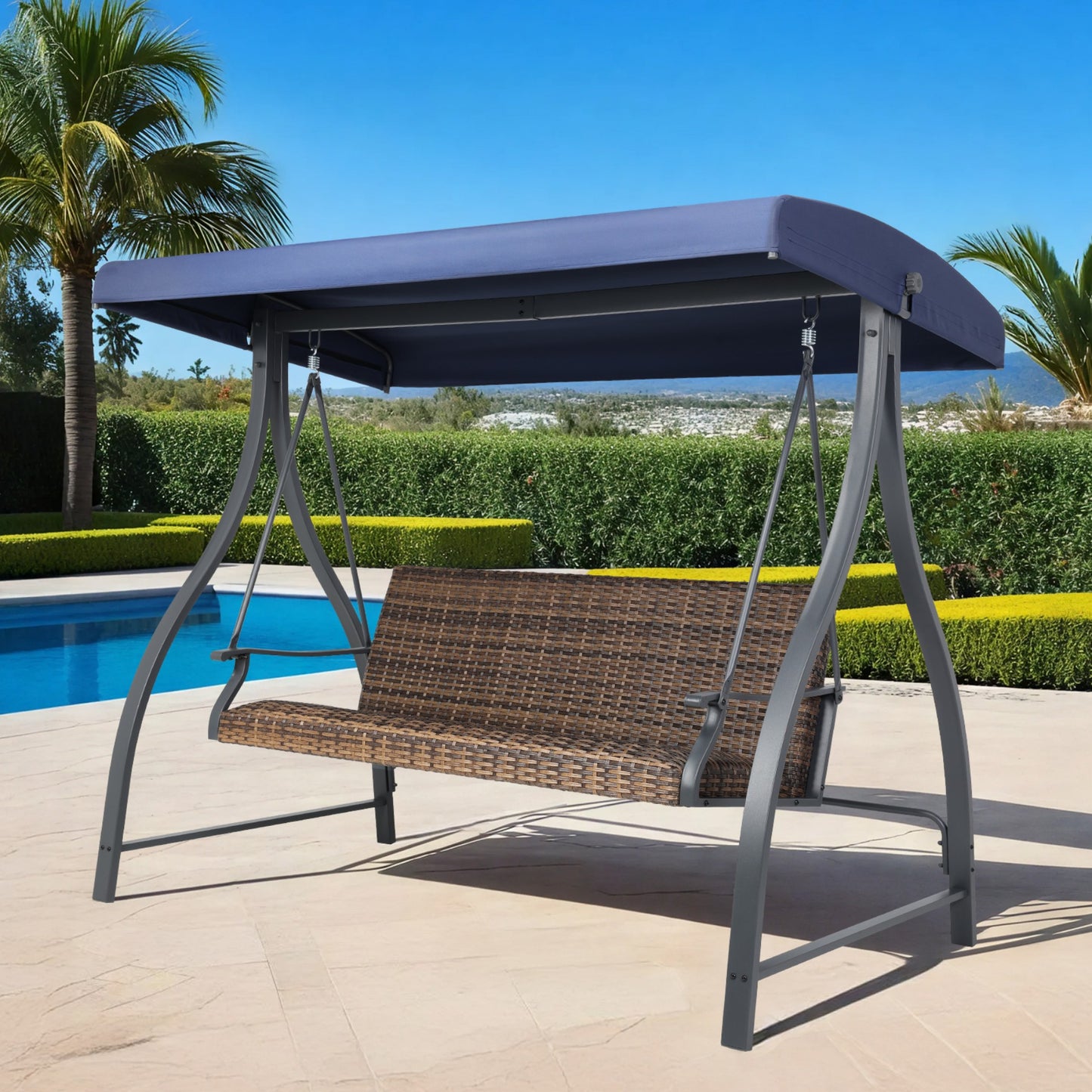 3-Seat Outdoor Rattan Patio Swing with Adjustable Canopy