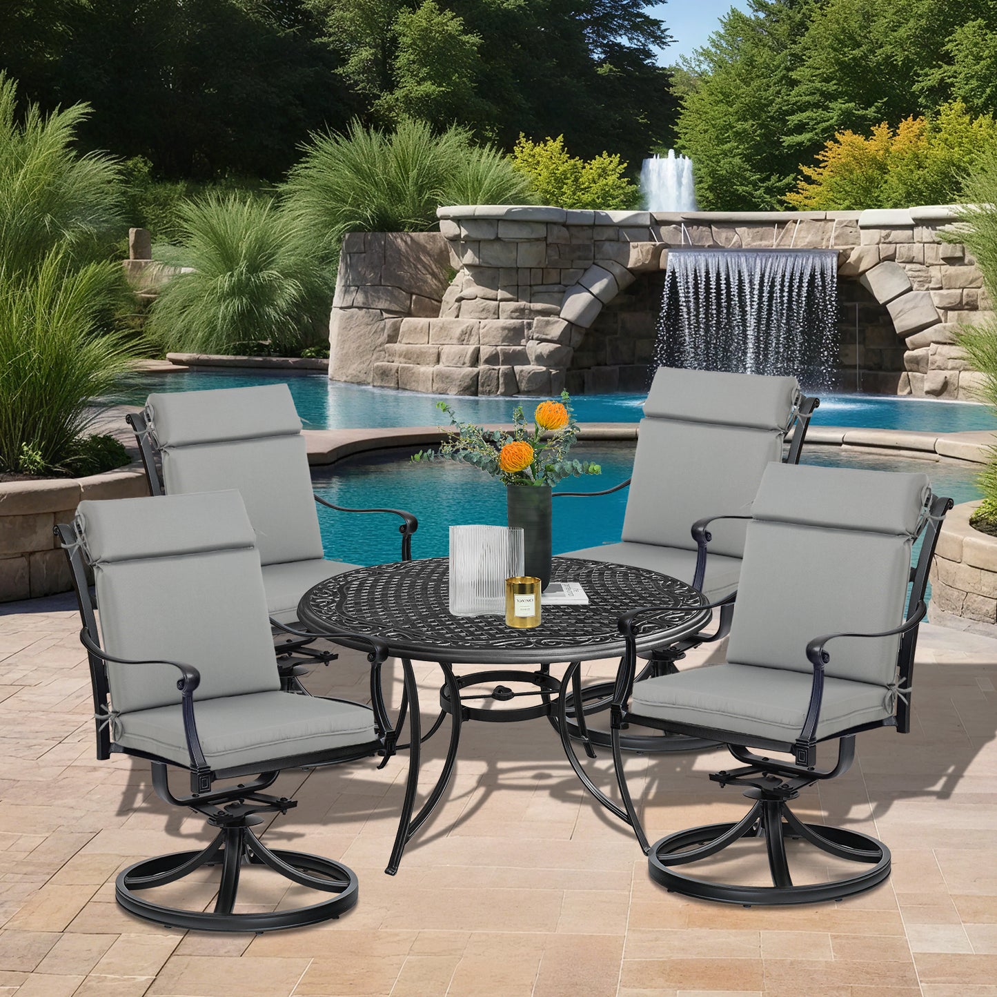 Outdoor Polyester High Back Dining Chair Cushion Set - Gray