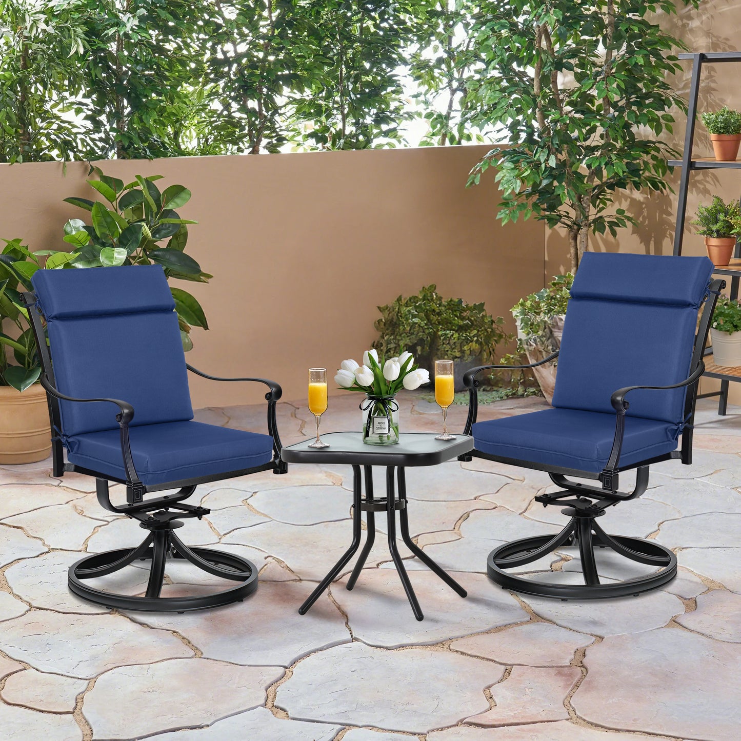 Outdoor Polyester High Back Dining Chair Cushion Set - Navy Blue