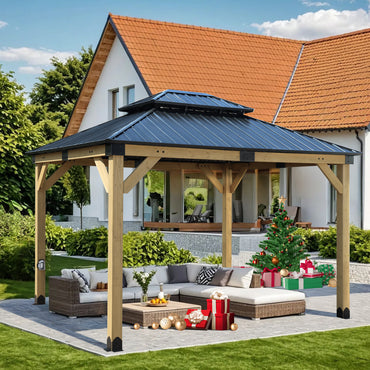 10'x12' Outdoor Patio Wooden Frame Gazebo with 2-Tier Galvanized Metal Hardtop Roof and Outlets - Aoodor