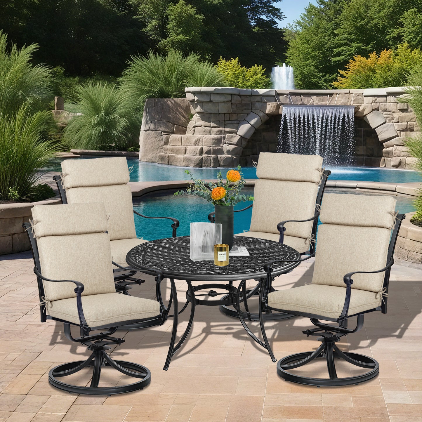 Outdoor High Back Dining Chair Cushion Set, Polyester Fabric, TPU Water Repellent Coating, Brown
