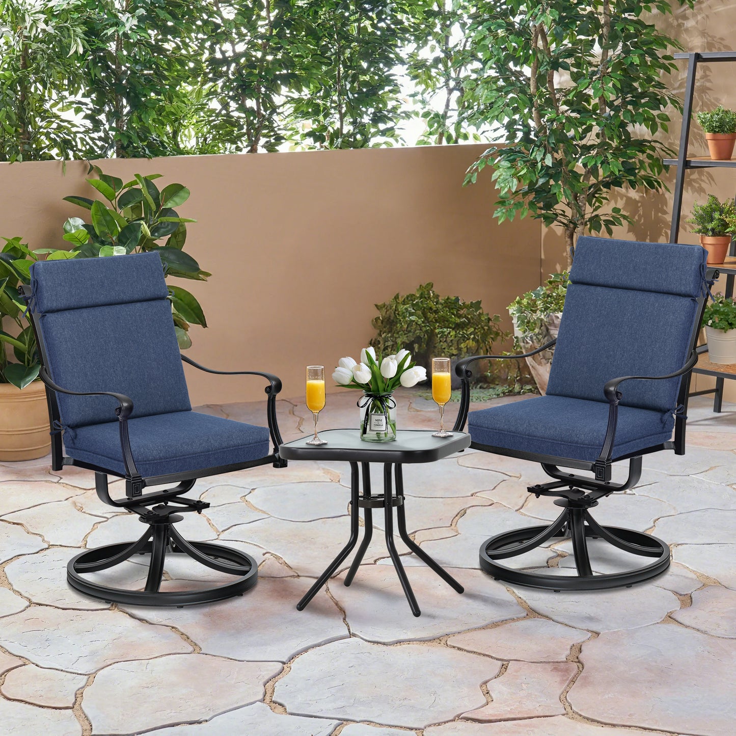 Outdoor High Back Dining Chair Cushion Set, Polyester Fabric, TPU Water Repellent Coating, Navy Blue