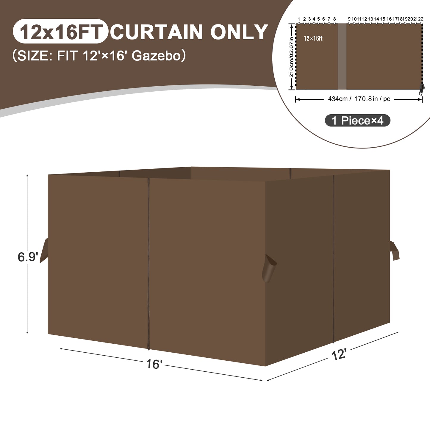 Outdoor Gazebo Curtains, 4 Panels Privacy Sidewall Replacement (Curtain Only) - Brown - Aoodor