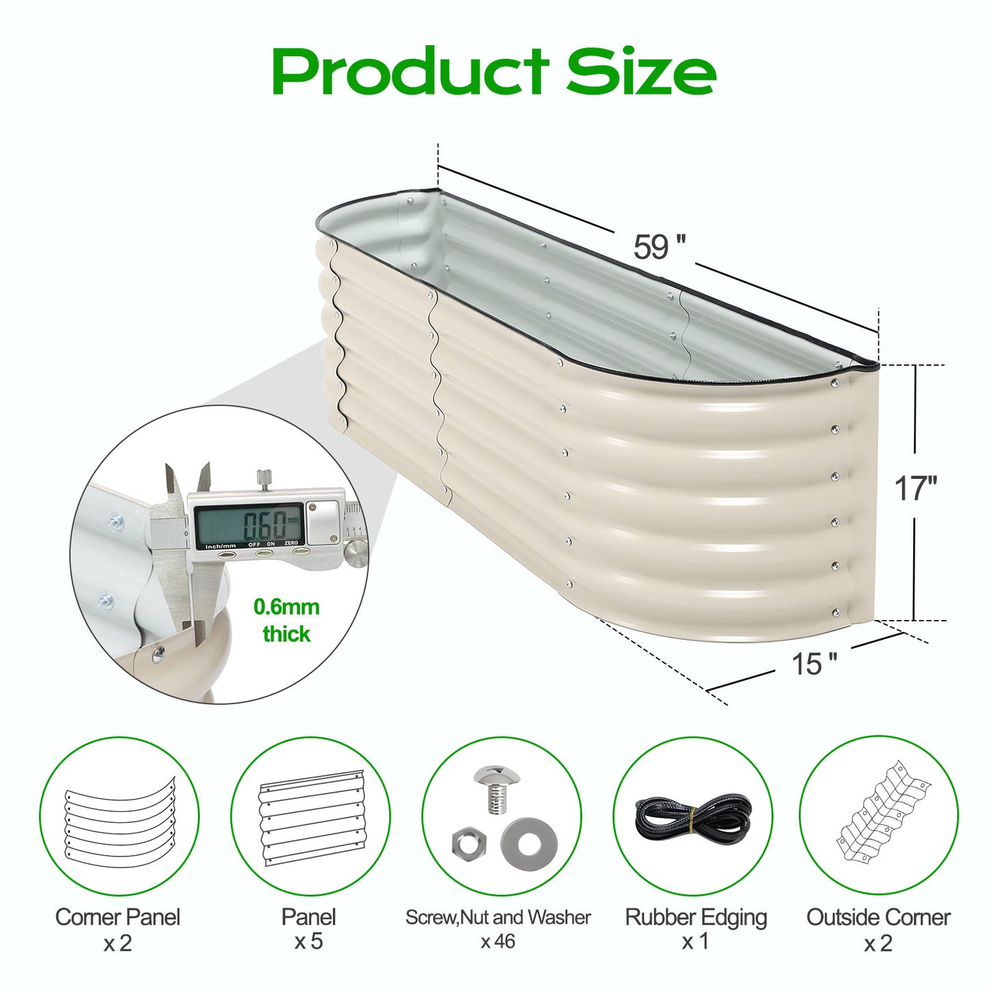 59"x15"x17" Metal Raised Garden Bed - Beige Half Moon Design