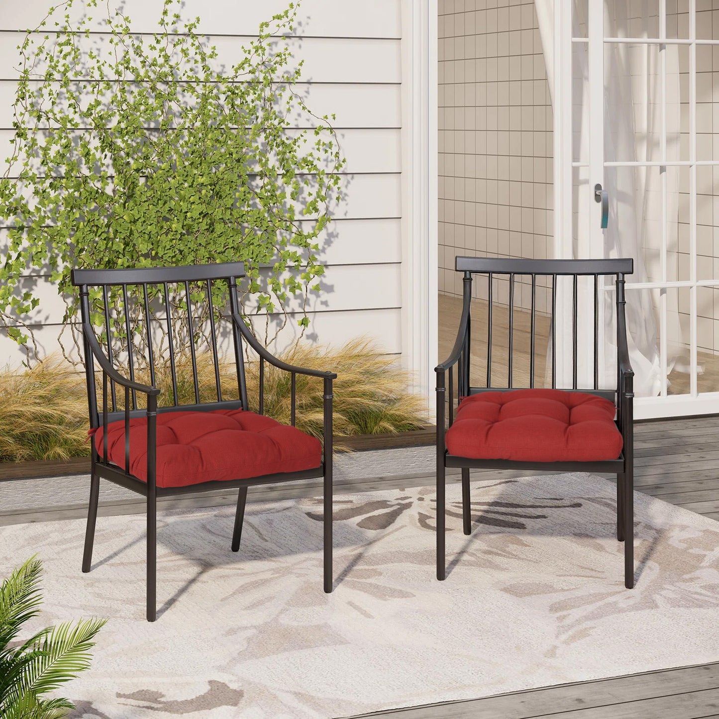 19x19x5 Inch Tufted Outdoor Chair Cushions, Water and Fade Resistant Polyester Dining Chair Pads with Ties - Red