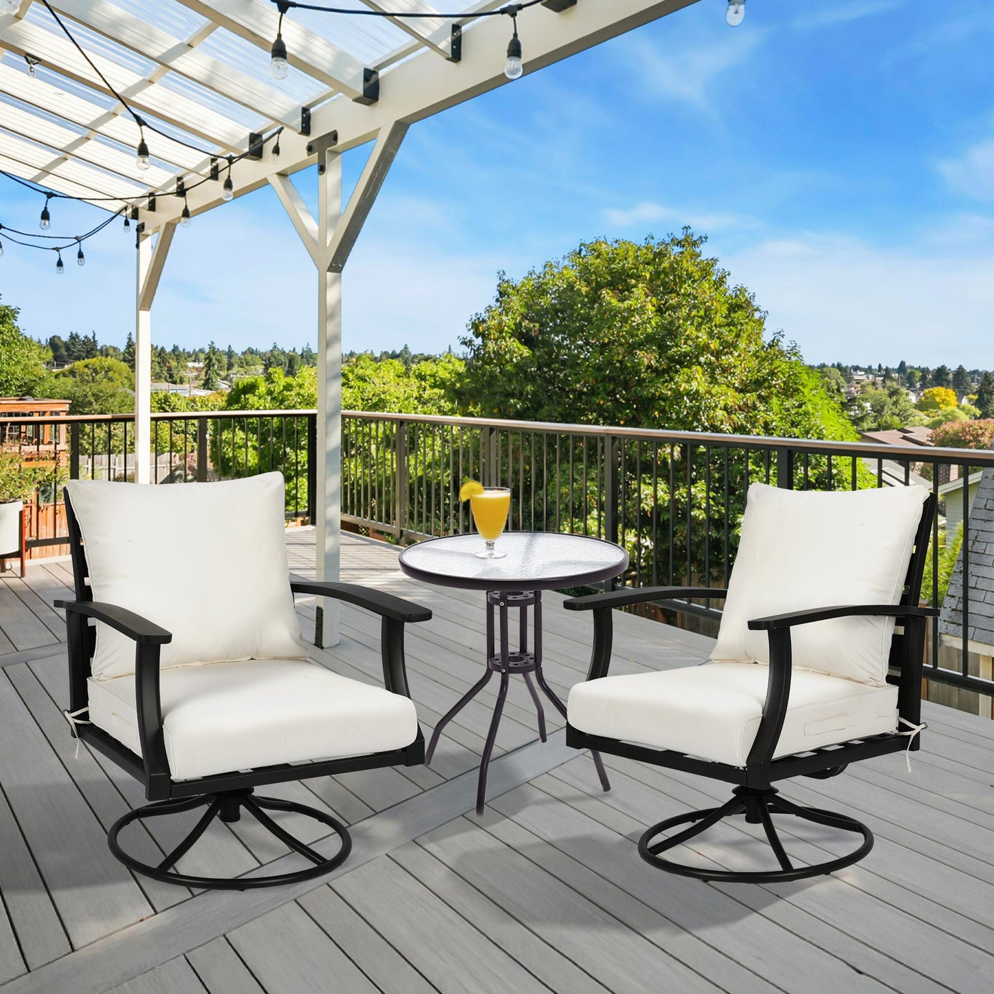 Waterproof Outdoor Deep Seat Cushion Set with Adjustable Straps & Removable Cover - Ivory White