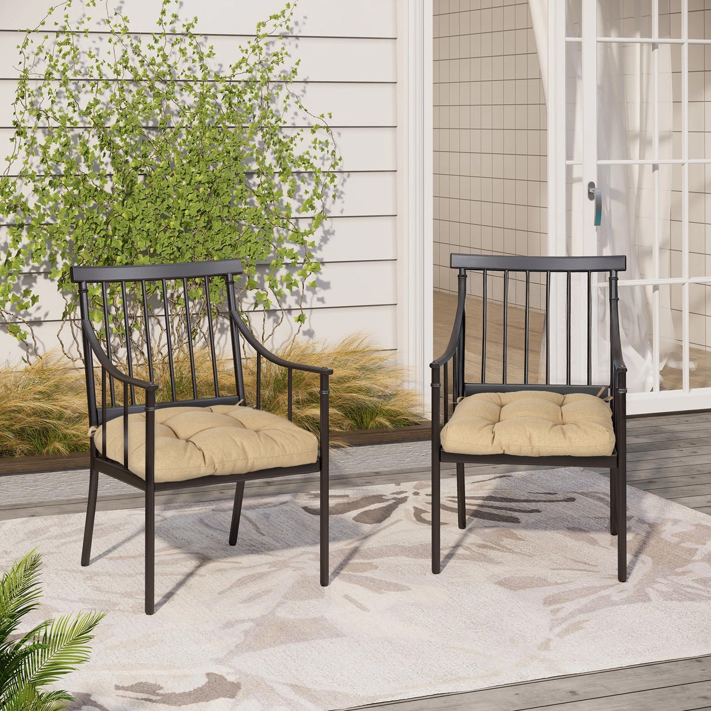 19x19x5 Inch Tufted Outdoor Chair Cushions, Water and Fade Resistant Polyester Dining Chair Pads with Ties - Brown