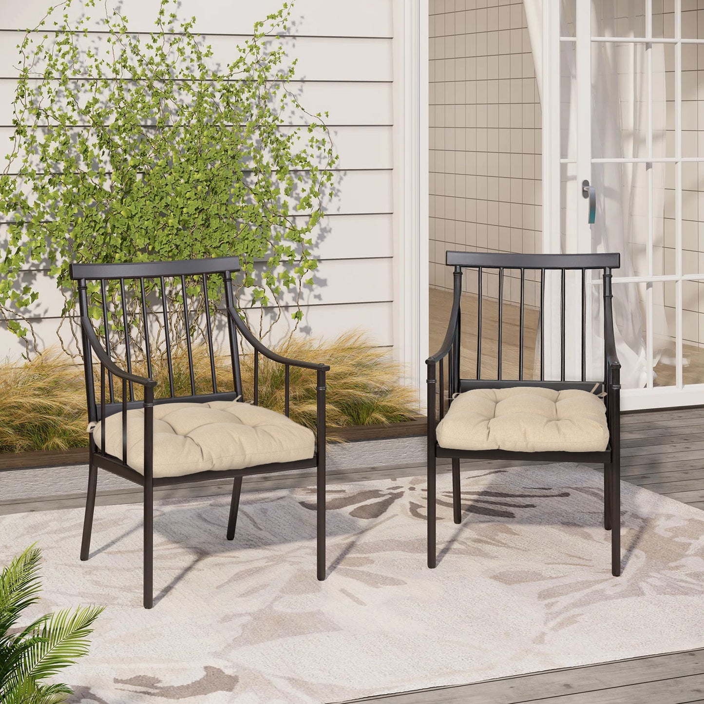 19x19x5 Inch Tufted Outdoor Chair Cushions, Water and Fade Resistant Polyester Dining Chair Pads with Ties - Khaki
