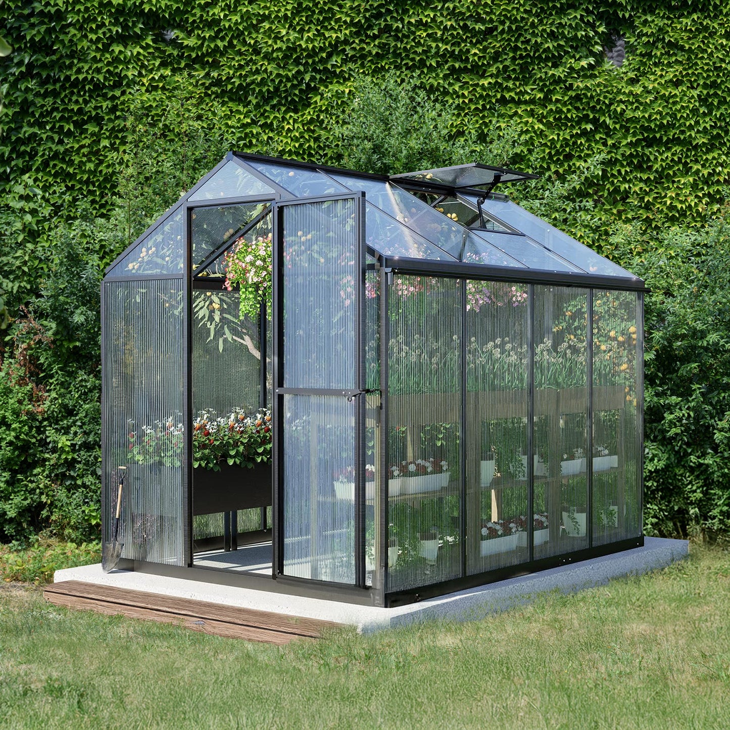 6x8/6x10 ft. Walk-in Polycarbonate Greenhouse with Roof Vent and Door lock
