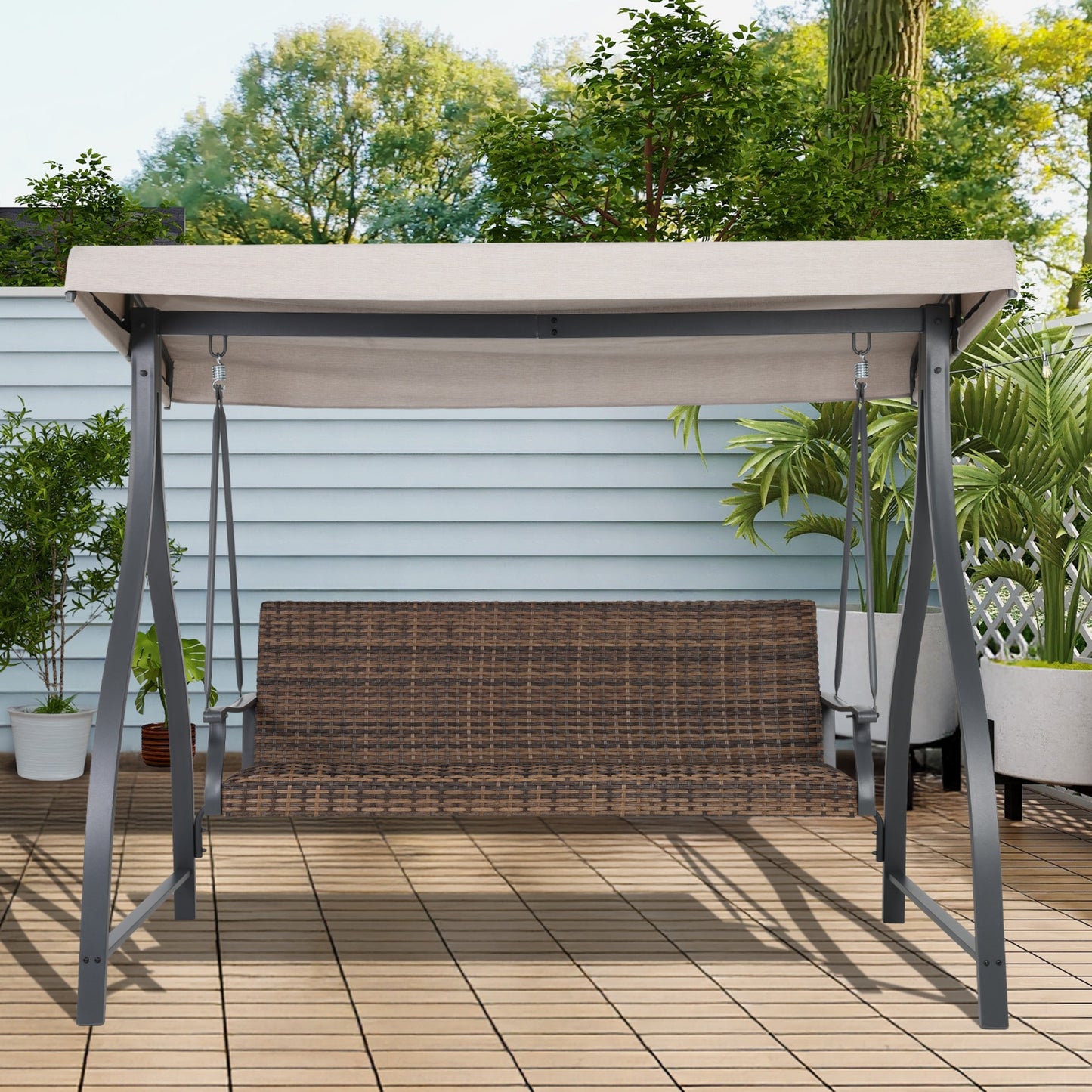 3-Seat Outdoor Rattan Patio Swing with Adjustable Canopy