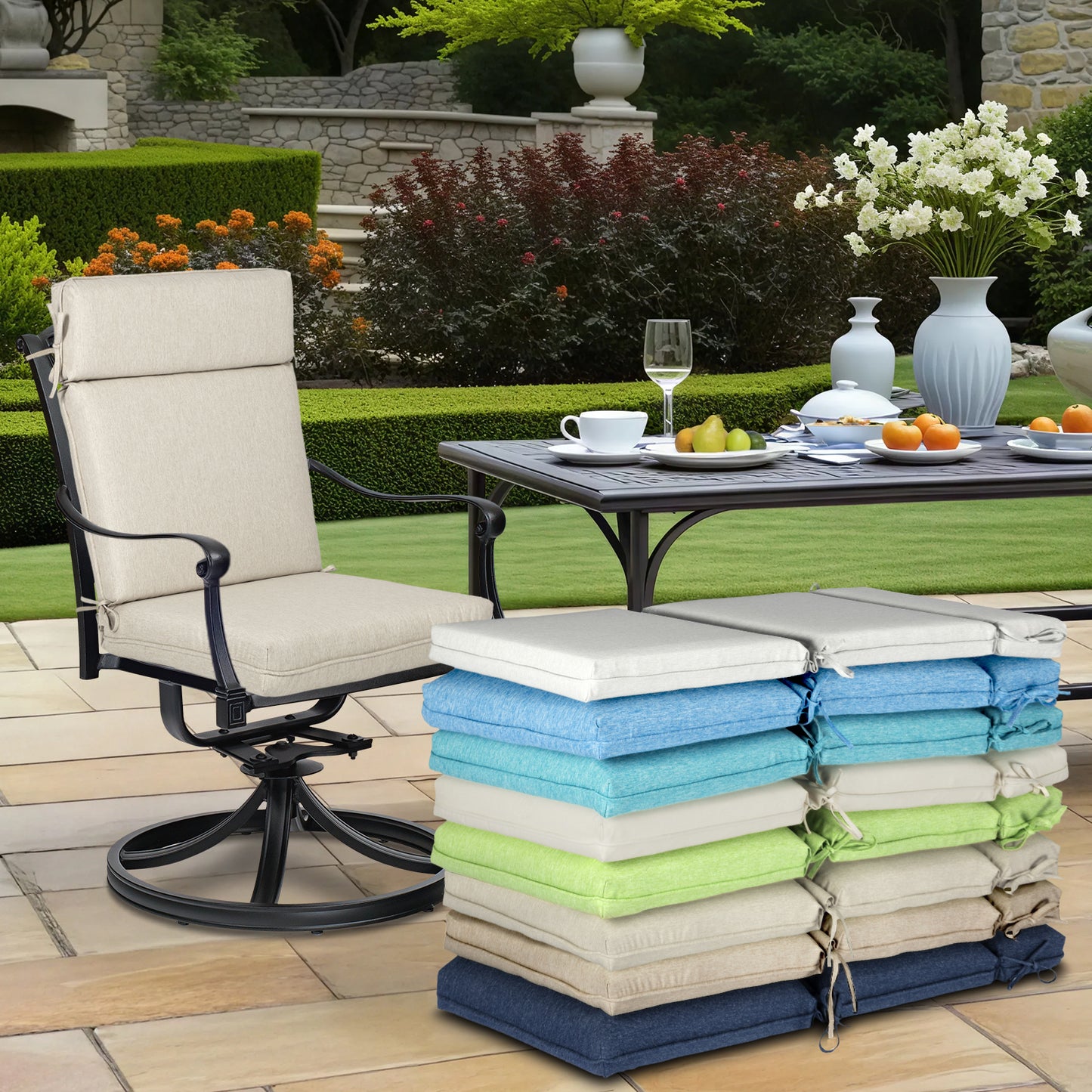 Outdoor High Back Dining Chair Cushion Set, Polyester Fabric, TPU Water Repellent Coating, Light Taupe