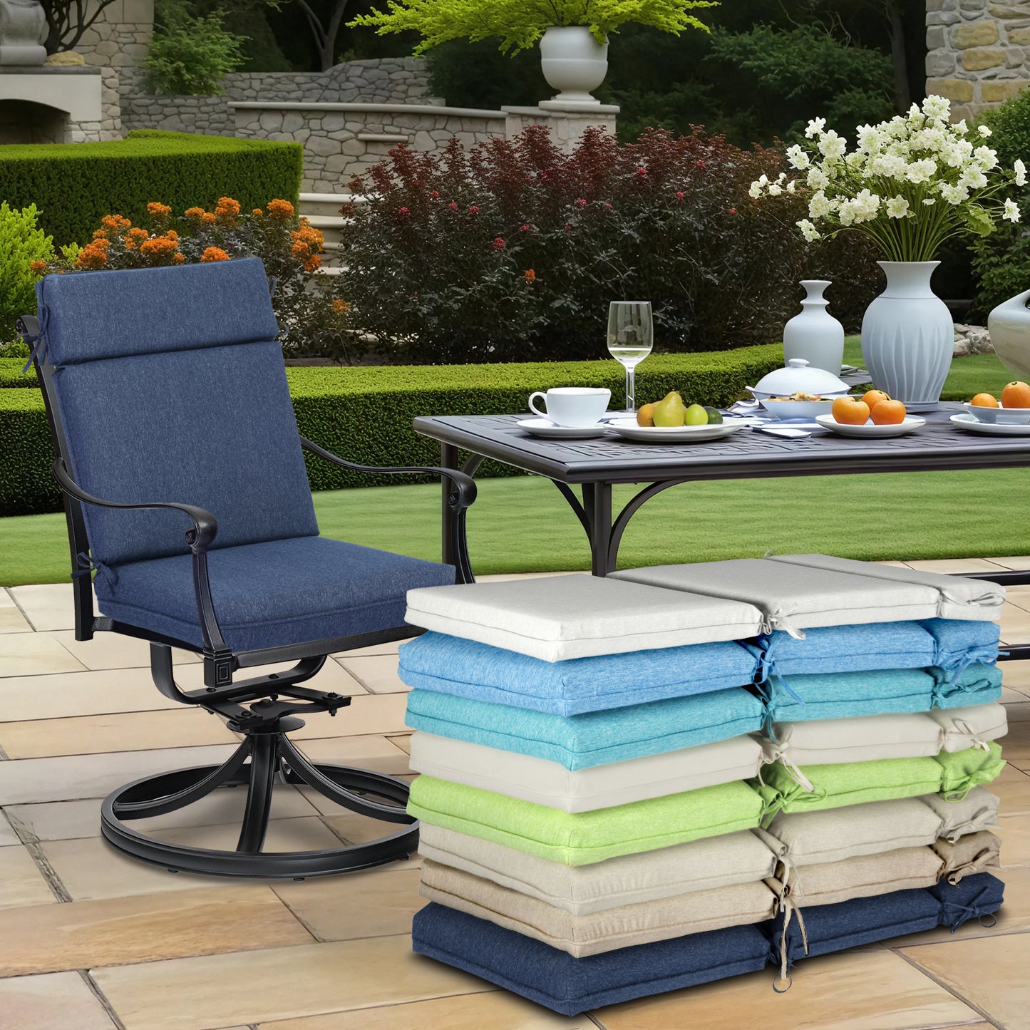 Outdoor High Back Dining Chair Cushion Set, Polyester Fabric, TPU Water Repellent Coating, Navy Blue