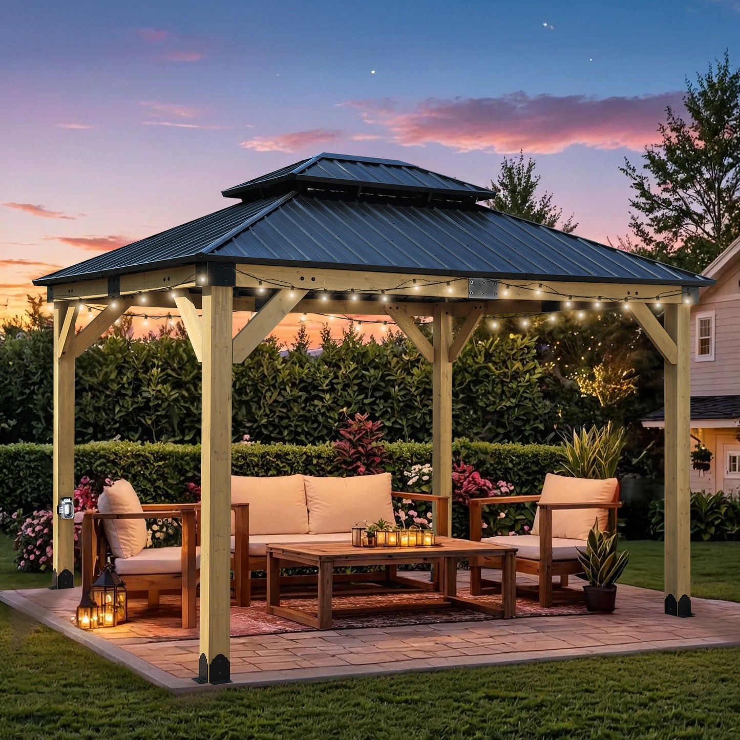 10'x12' Outdoor Patio Wooden Frame Gazebo with 2-Tier Galvanized Metal Hardtop Roof and Outlets
