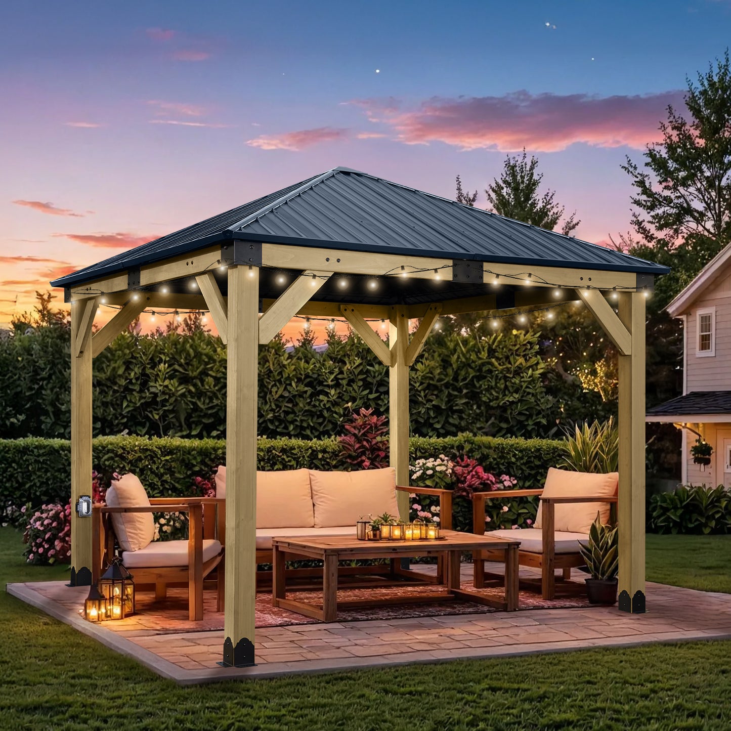 10'x10' Outdoor Patio Wooden Frame Gazebo with Galvanized Metal Hardtop Roof and Outlets