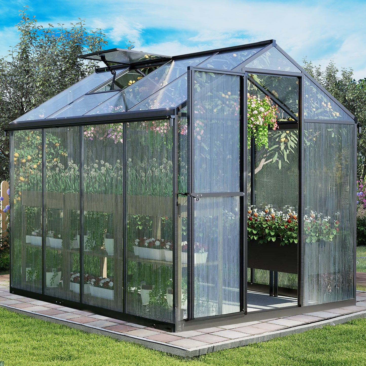 6x8/6x10 ft. Walk-in Polycarbonate Greenhouse with Roof Vent and Door lock
