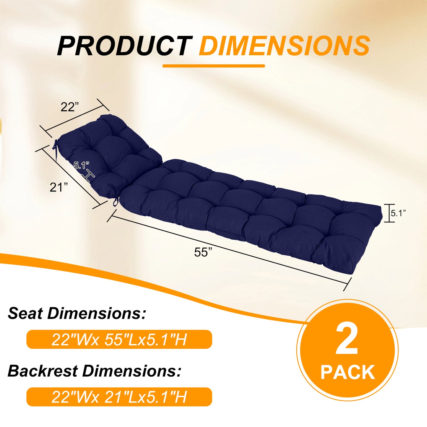 76"x22"x5.1" Polyester Tufted Chaise Lounge Cushion for Outdoor Wicker Chaise Lounge Use, 2 Packs - Dark Blue