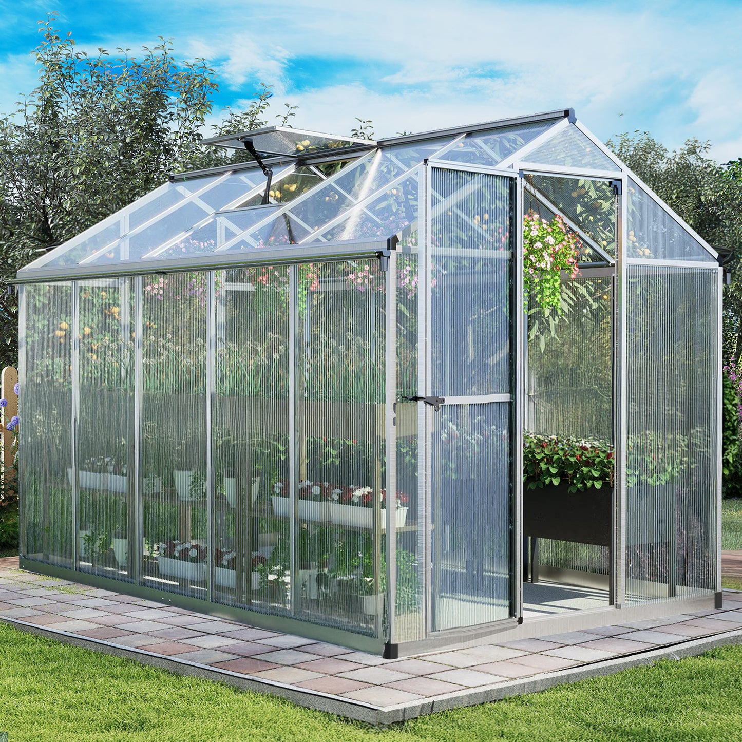 6x8/6x10 ft. Walk-in Polycarbonate Greenhouse with Roof Vent and Door lock