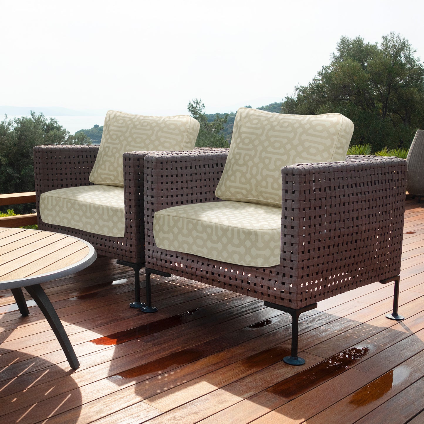Premium Sunbrella Fabric Outdoor Patio Chair Cushions Set, Fretwork Flax