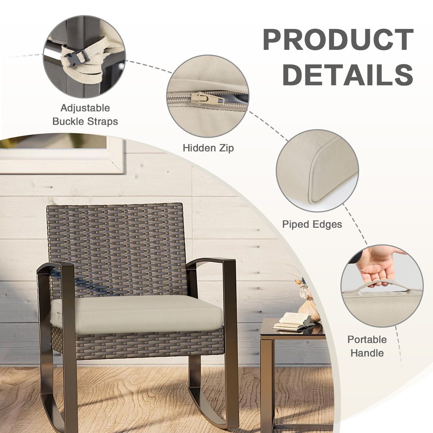 Outdoor Chair Cushion , Removable Cover with Hidden Zipper, Adaptable Secure Ties - Khaki