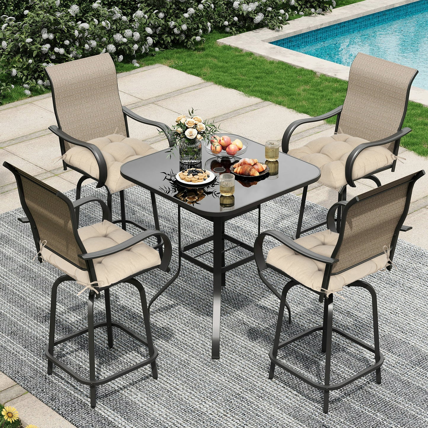 19x19x5 Inch Tufted Outdoor Chair Cushions, Water and Fade Resistant Polyester Dining Chair Pads with Ties - Khaki