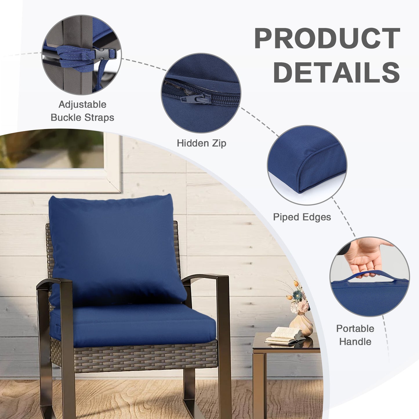 Outdoor Chair Cushions, Patio Deep Seat Cushions with Handle & Adjustable Straps - Navy Blue