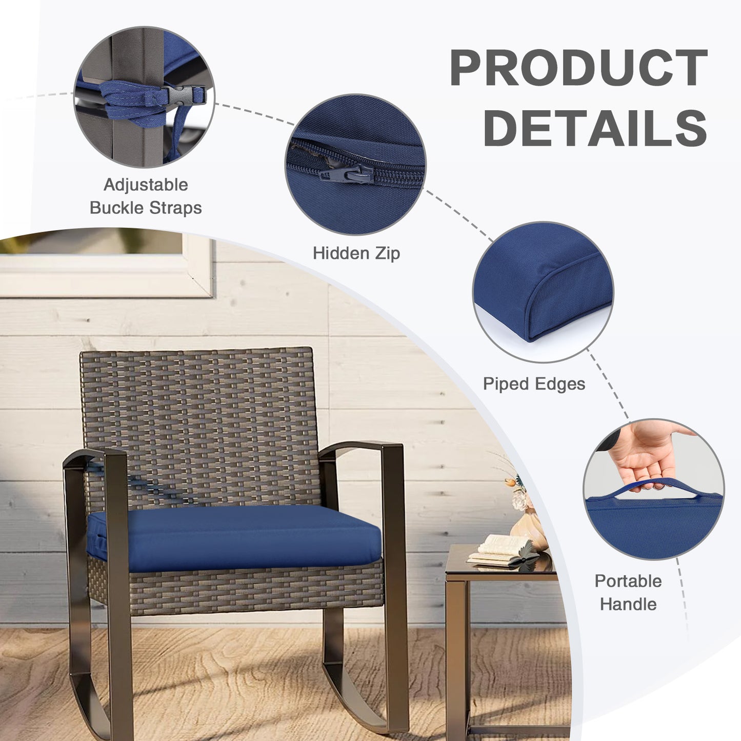 Outdoor Chair Cushion , Removable Cover with Hidden Zipper, Adaptable Secure Ties - Navy Blue