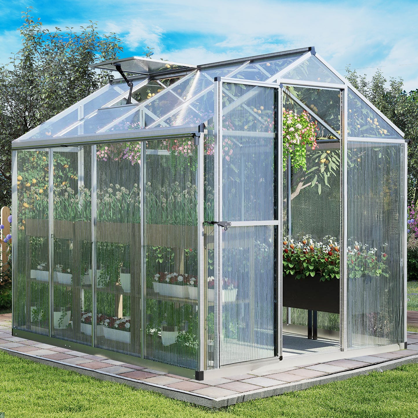 6x8/6x10 ft. Walk-in Polycarbonate Greenhouse with Roof Vent and Door lock