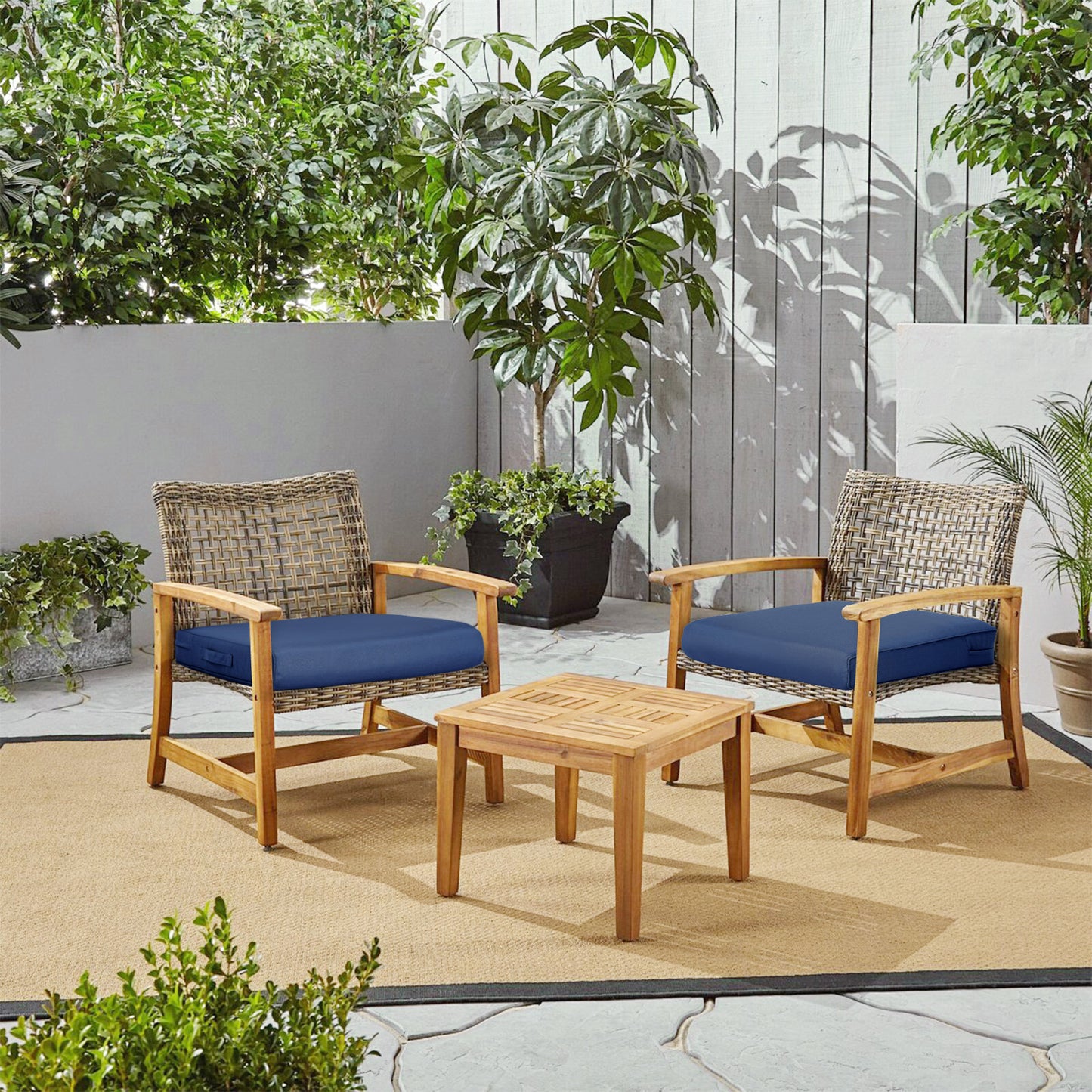 Outdoor Chair Cushion , Removable Cover with Hidden Zipper, Adaptable Secure Ties - Navy Blue