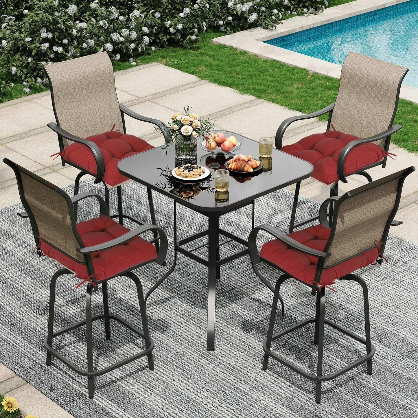 19x19x5 Inch Tufted Outdoor Chair Cushions, Water and Fade Resistant Polyester Dining Chair Pads with Ties - Red