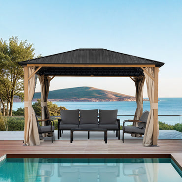 10'x12' Outdoor Hardtop Gazebo with Curtains and Mosquito Nettings, Wooden Finish Coated Aluminum Frame - Aoodor