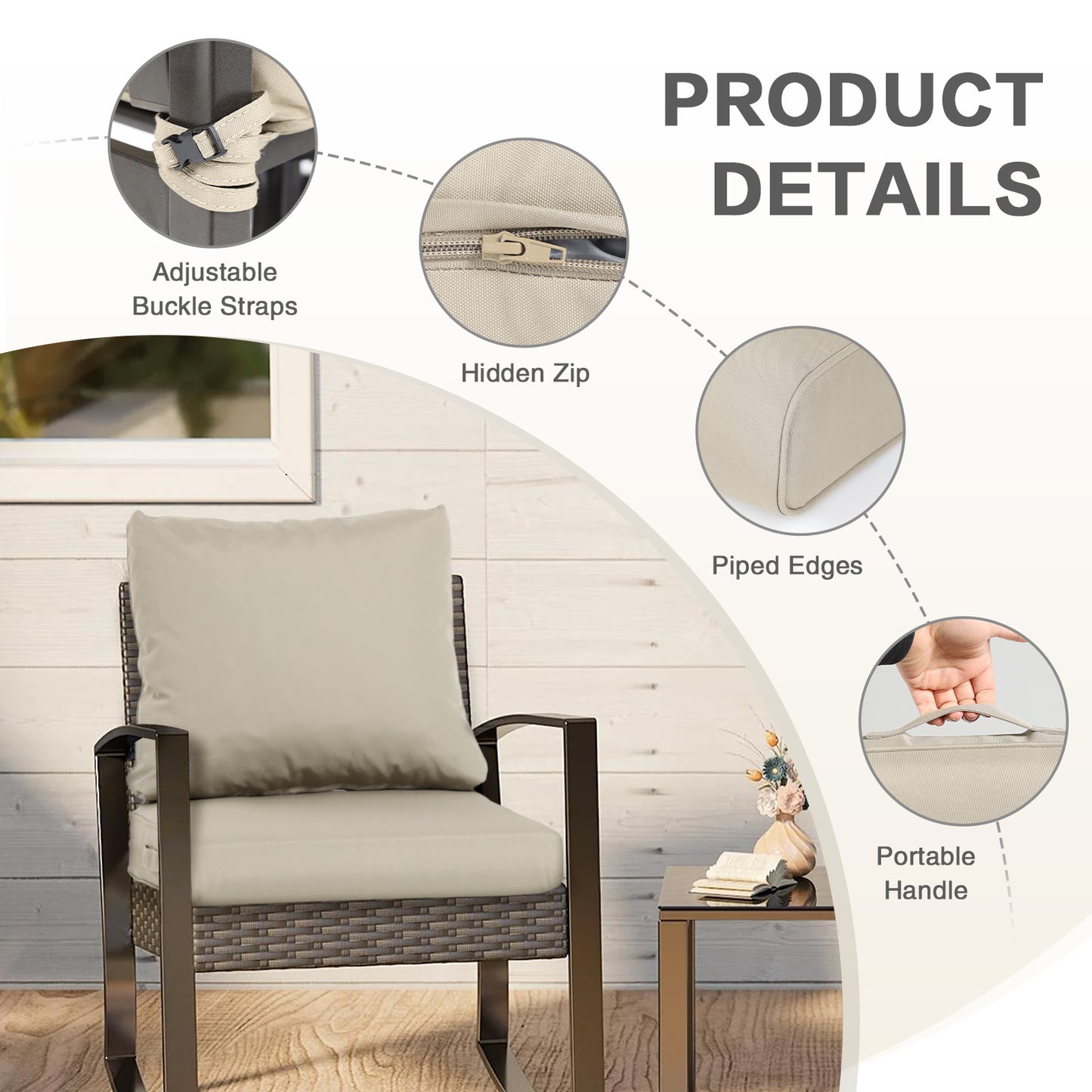 Outdoor Chair Cushions, Patio Deep Seat Cushions with Handle & Adjustable Straps - Khaki