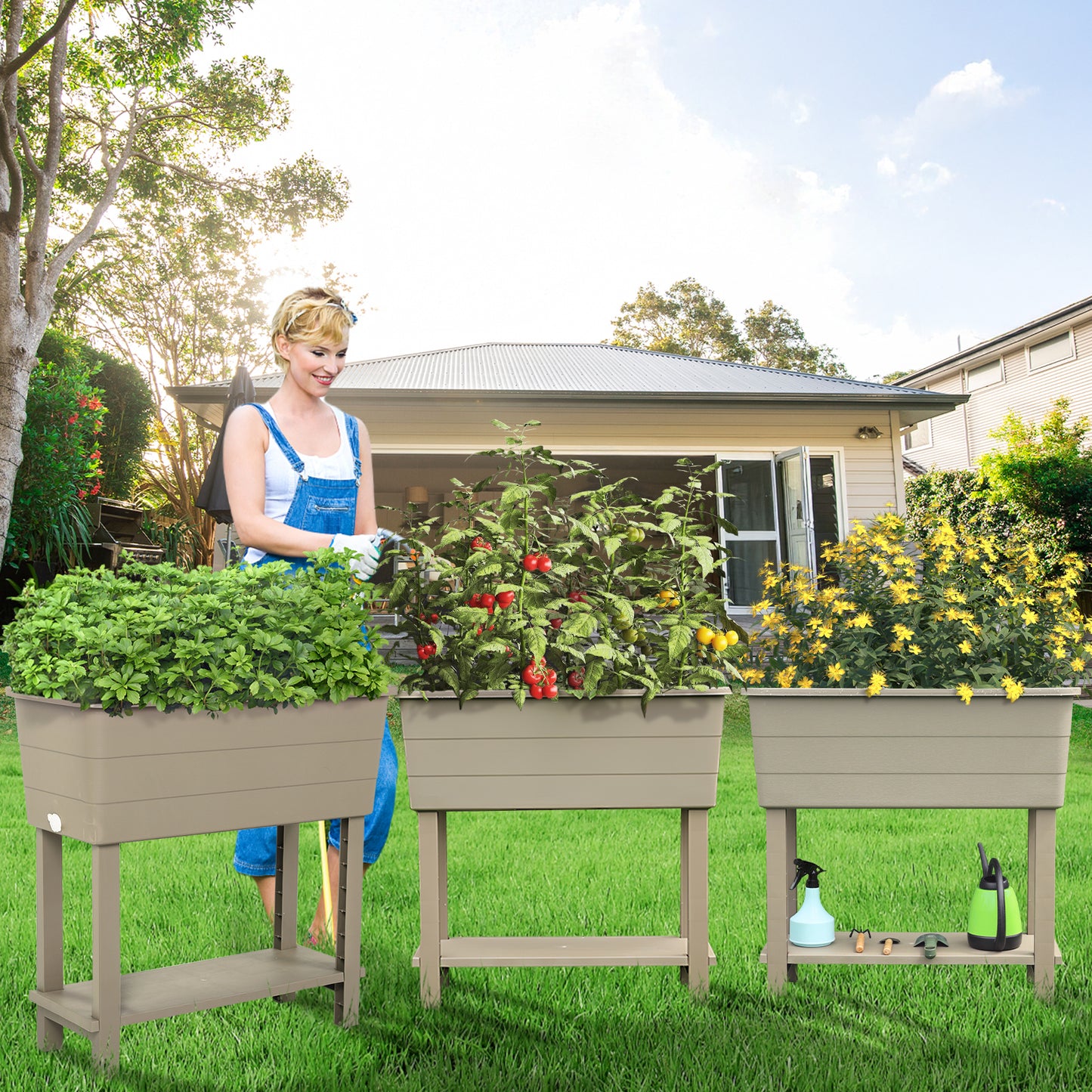 30×14×30 inch Elevated Raised Planter Box with Legs, Water Level Indicator - Set of 3