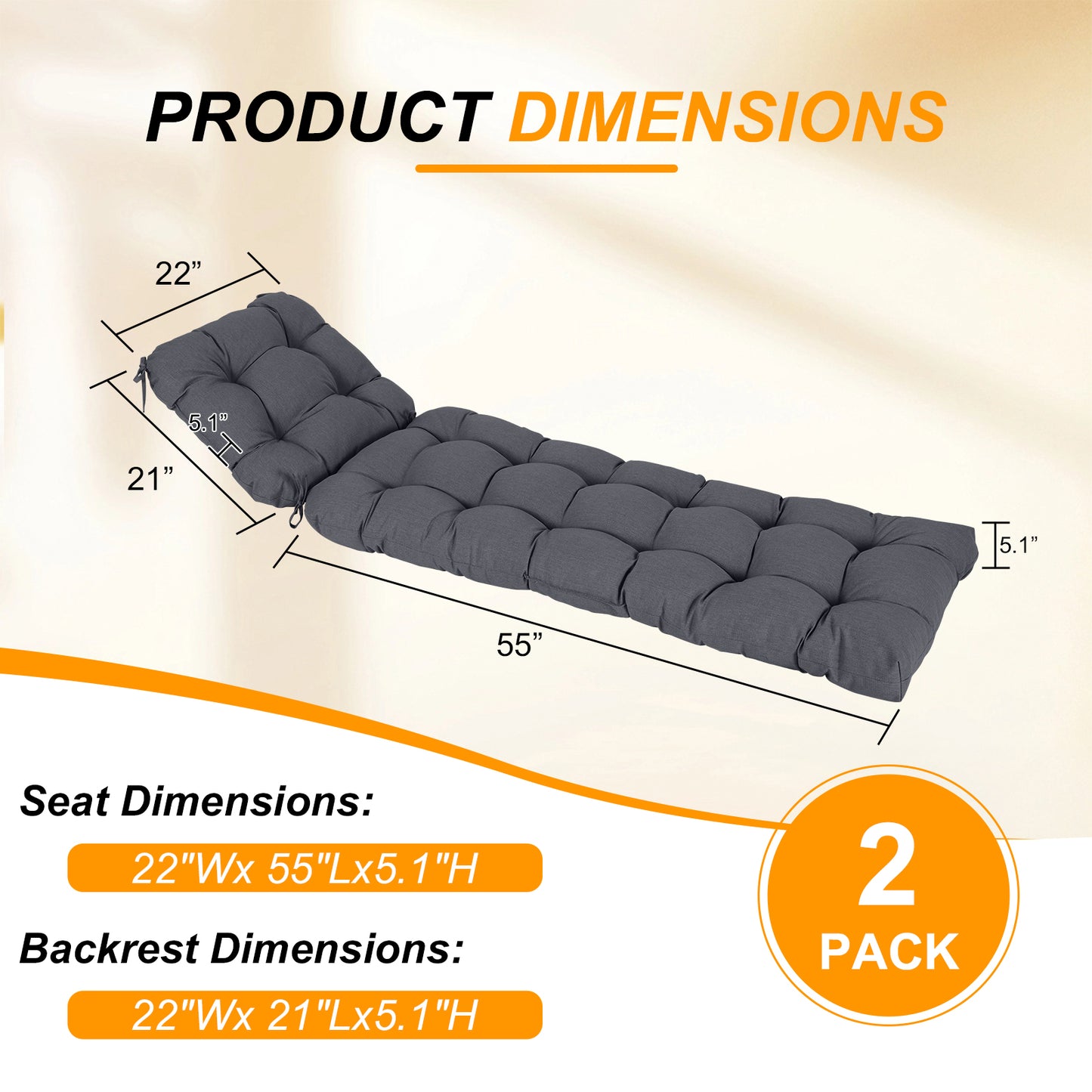 76"x22"x5.1" Polyester Tufted Chaise Lounge Cushion for Outdoor Wicker Chaise Lounge Use, 2 Packs - Dark Gray