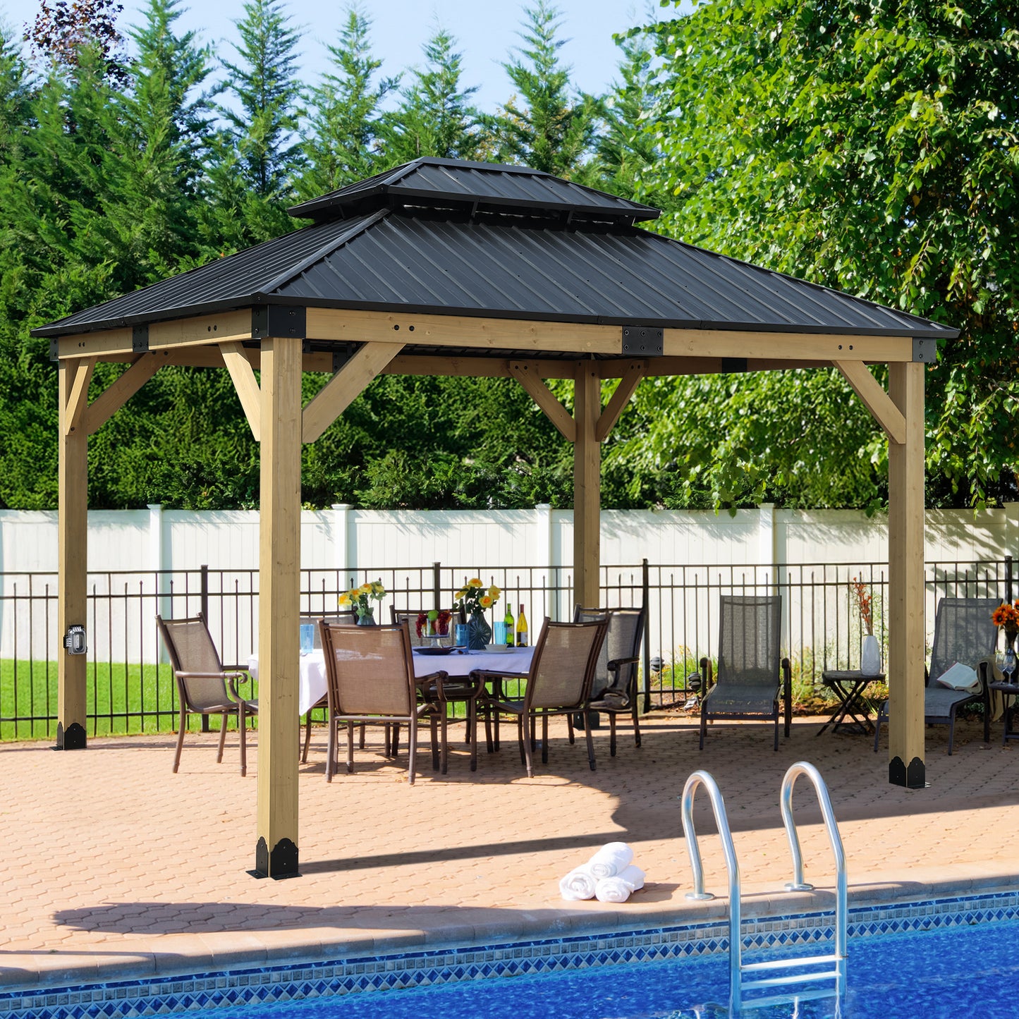 10'x12' Outdoor Patio Wooden Frame Gazebo with 2-Tier Galvanized Metal Hardtop Roof and Outlets